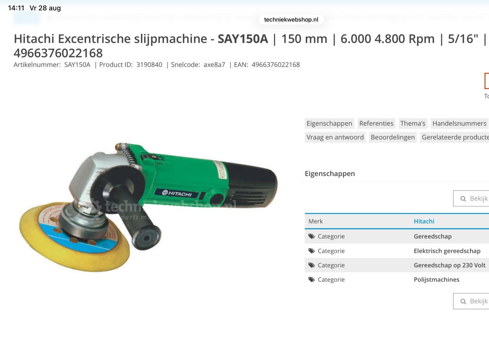 Hitachi excentrische poets /schuurmachine., Ophalen, Nieuw, Minder dan 700 watt, Haakse handslijpmachine