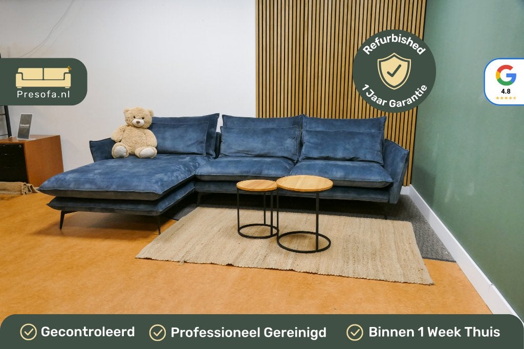 Hoekbank Met Chaise Longue Velvet Blauw [Refurbished], Huis en Inrichting, Banken | Bankstellen, 250 tot 300 cm, -, -, Ophalen of Verzenden
