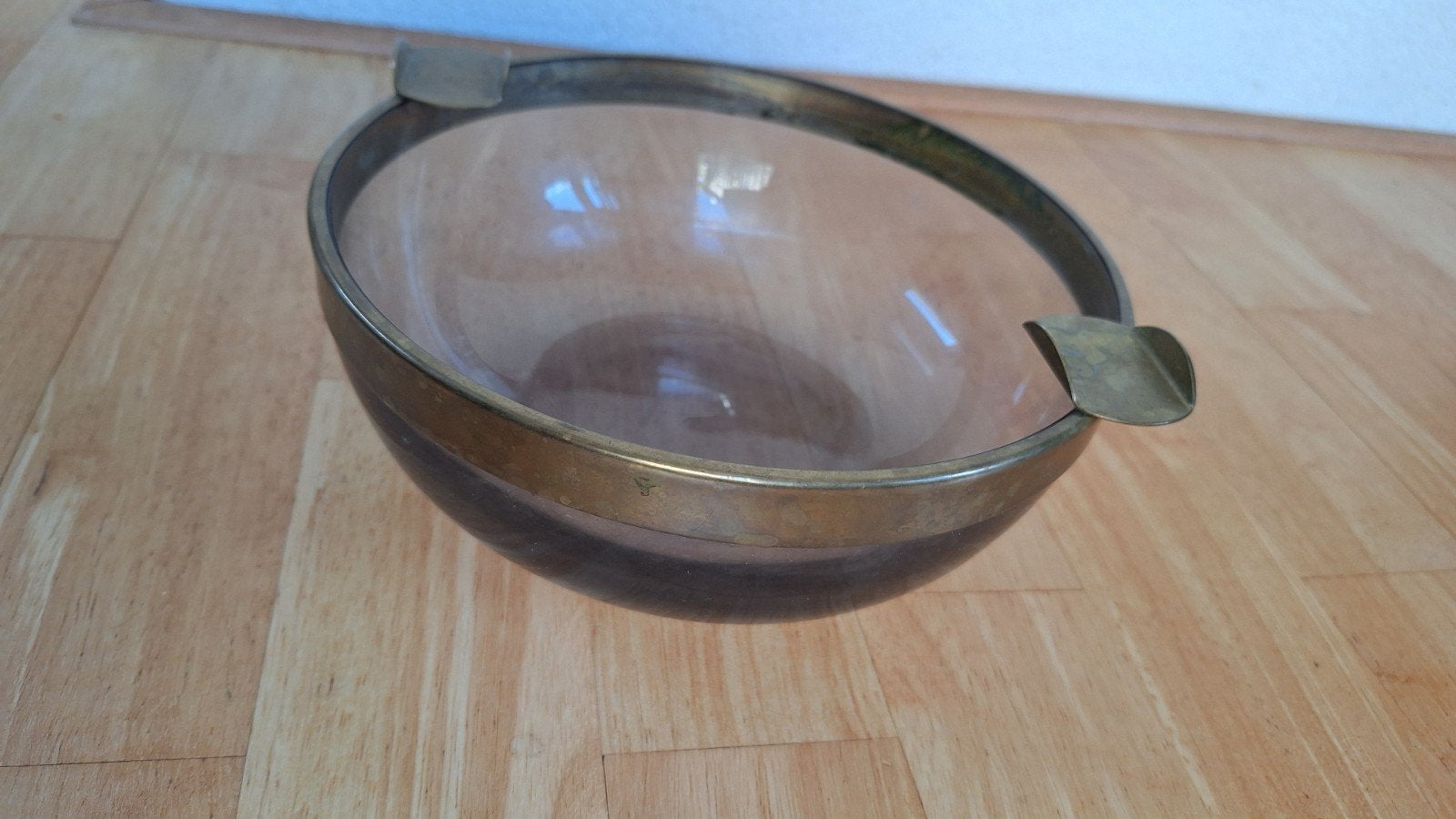 Vintage glazen schaal met messing rand, Ophalen