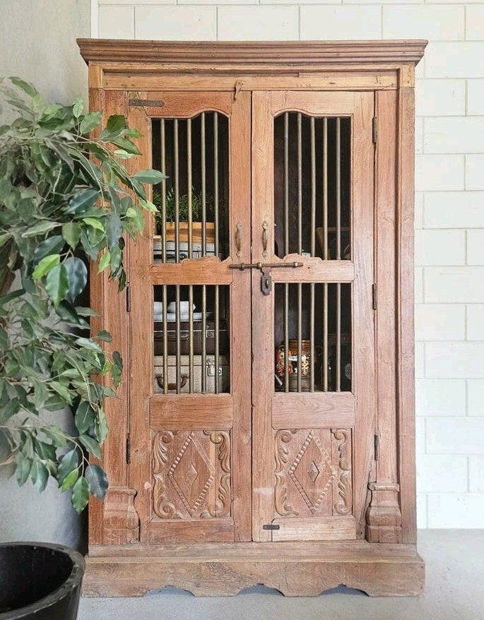 Antieke teakhouten XL authentieke spijlenkast vintage kast, Ophalen of Verzenden