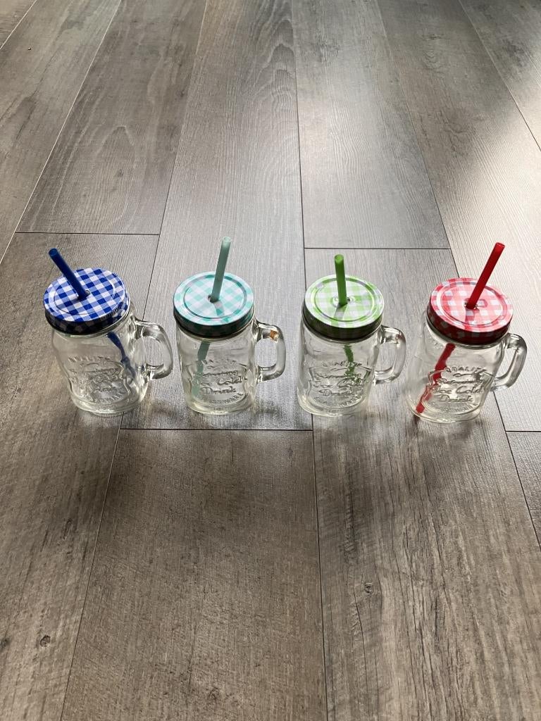 4 drinkglazen met deksel en rietje (4 x 500 ml), Glas of Glazen, Ophalen of Verzenden, Overige stijlen, Glas