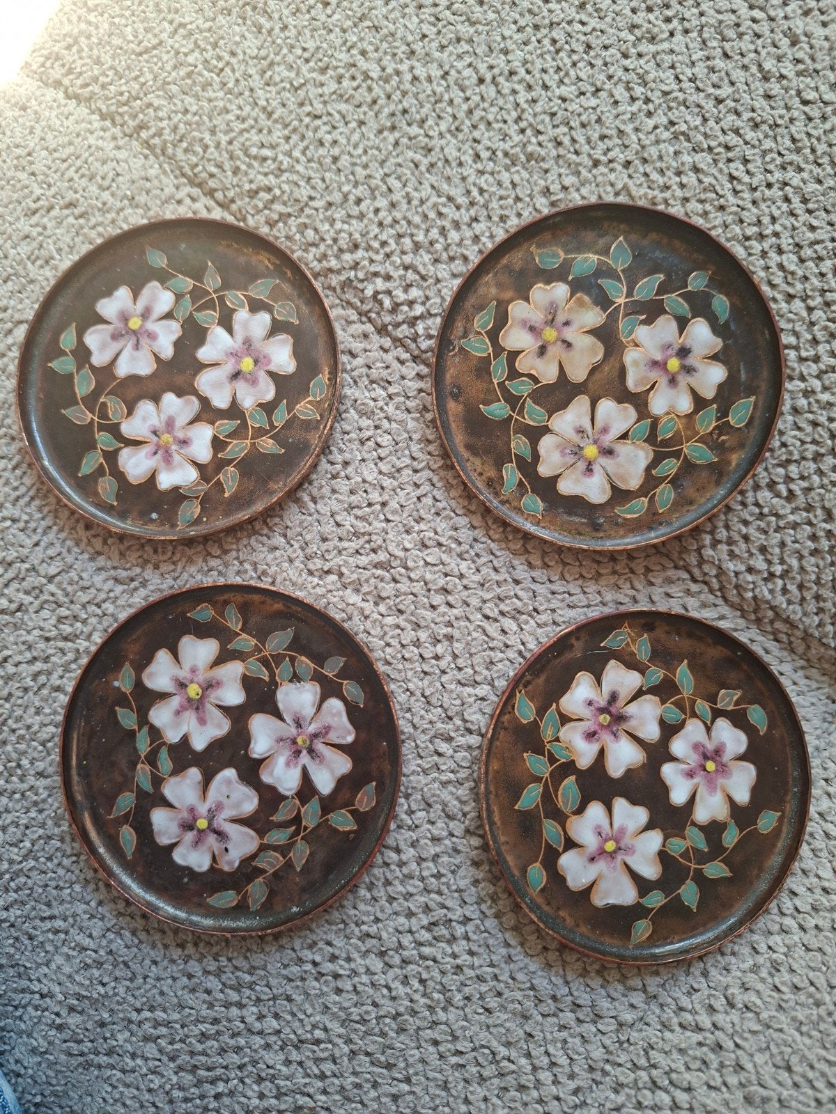 Set van 4 vintage koperen onderzetters met bloemmotief, Ophalen of Verzenden