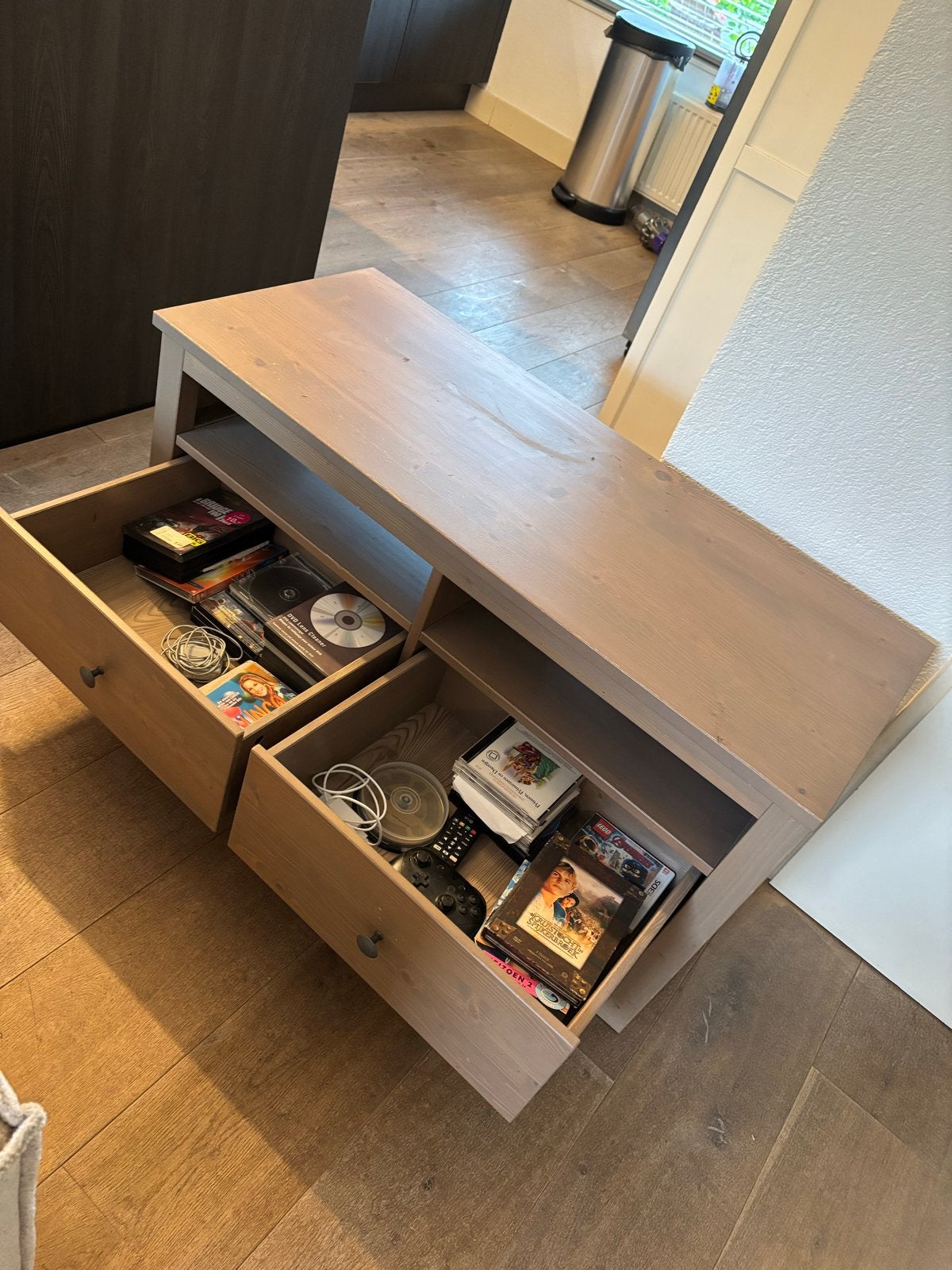 Houten TV-meubel met lades en open vakken, Ophalen, Gebruikt, 100 tot 150 cm, Minder dan 100 cm
