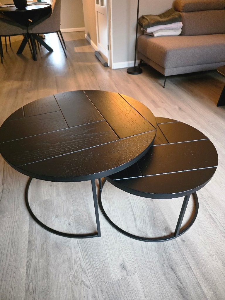 Goossens visgraat salontafelset zwart eiken, Huis en Inrichting, Tafels | Salontafels, Ophalen, Gebruikt, 50 tot 100 cm, 50 tot 100 cm