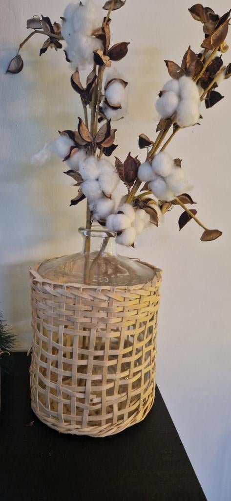 Rotan glazen vaas • incl. katoenen takken, Ophalen of Verzenden, Zo goed als nieuw