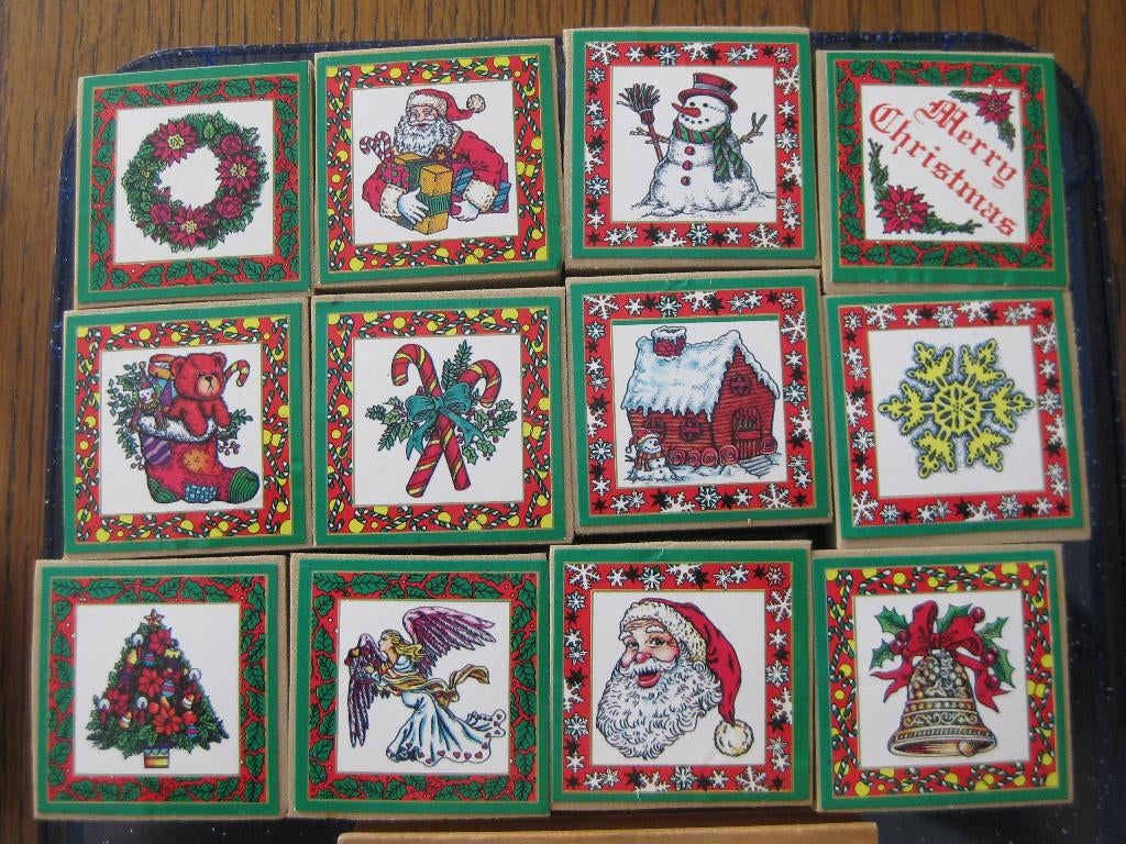 Set van 12 grote kerst stempels / kerstman sneeuwvlok etc, Ophalen, Zo goed als nieuw, Houten stempel
