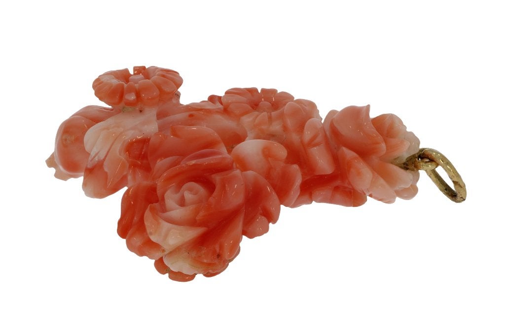 Grote koraal bloem roos 14k gouden ketting hanger antiek, Verzenden, Goud, Hanger, Met edelsteen