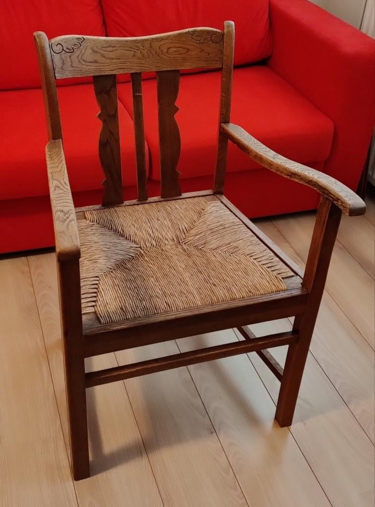Twee vintage leuningstoelen, Huis en Inrichting, Stoelen, Gebruikt, Twee, Hout, Riet of Rotan, Bruin, Ophalen