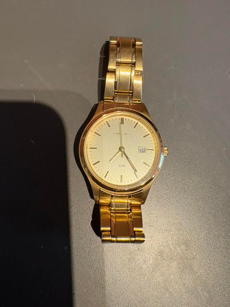 Prisma horloge goudkleurig – datum,50M water resistant, Verzenden, Zwart, Android