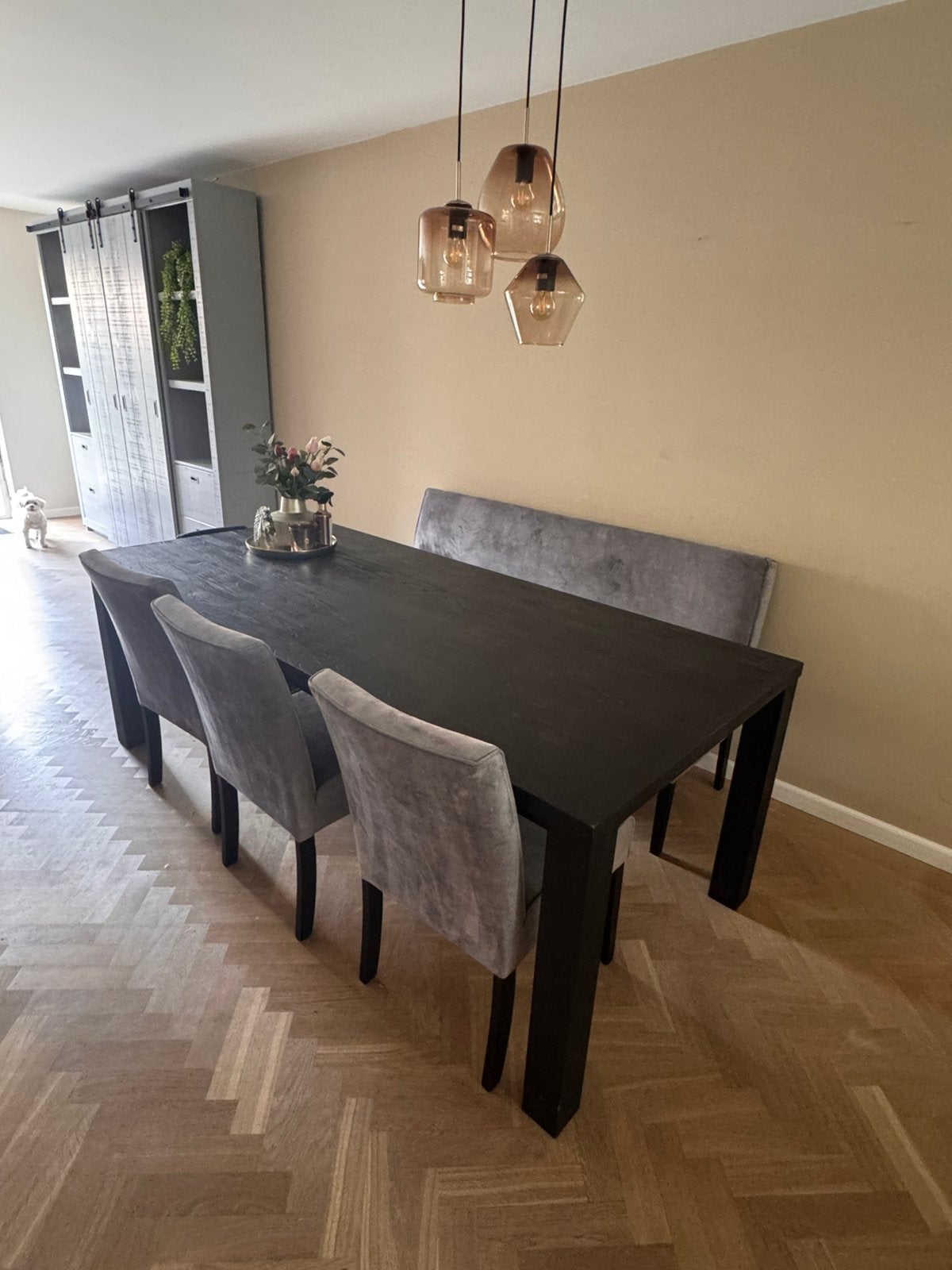 Eettafel zwart + bank + 3 eetkamerstoelen grijs, Ophalen, Gebruikt, 50 tot 100 cm, 150 tot 200 cm