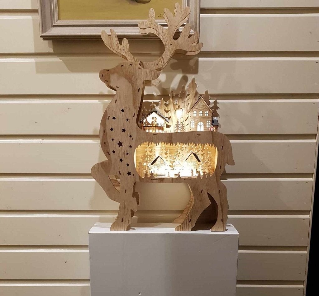 Rendier Kersthuis Hout Hoogte 67 cm 10 LEDLAMPJES - Warm Wit, Diversen, Ophalen, Nieuw