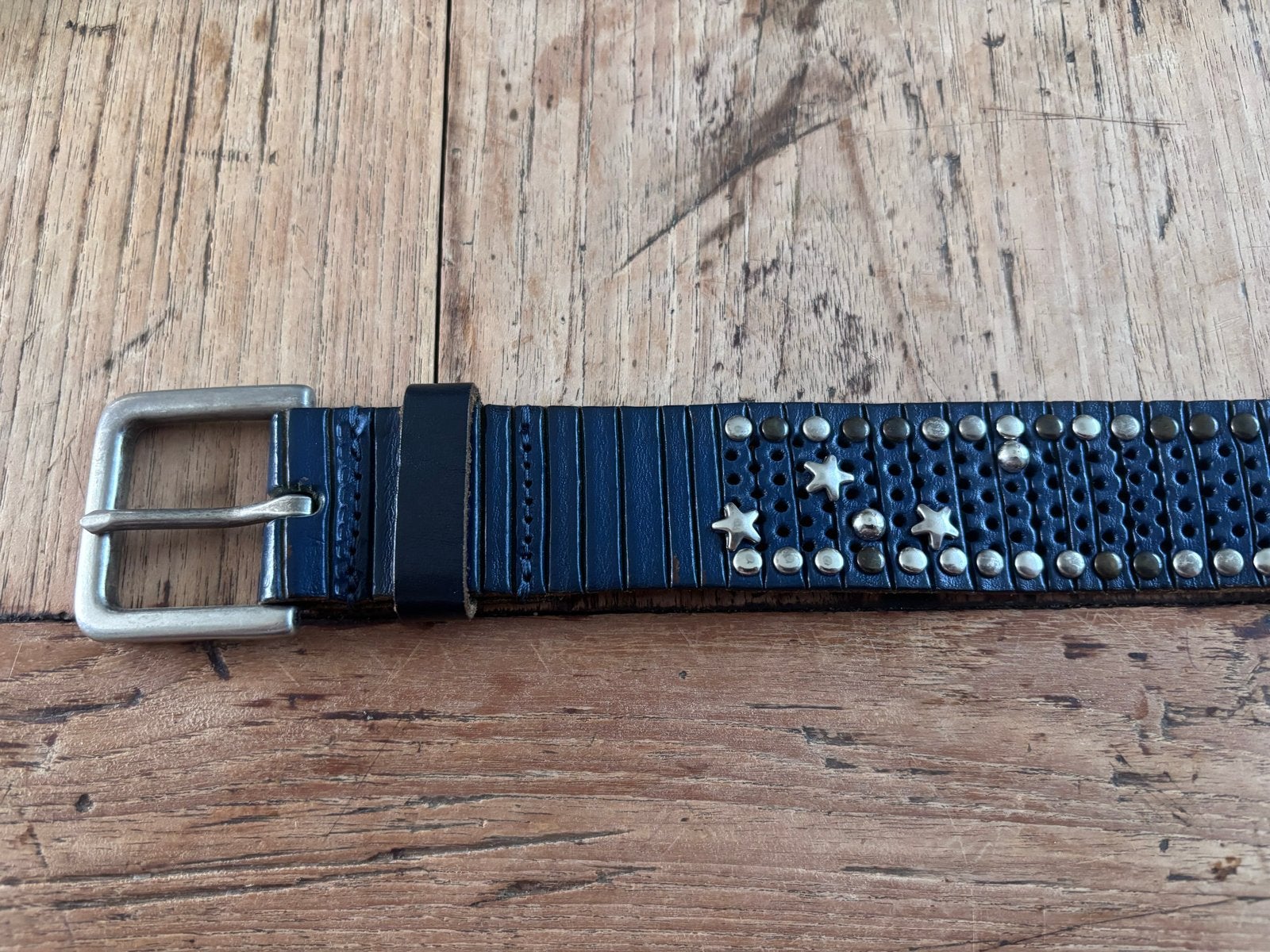 Cowboysbelt blauwe leren riem met studs en sterren, 95 cm, Overige kleuren, Echt leder, 90 tot 100 cm, Ophalen of Verzenden