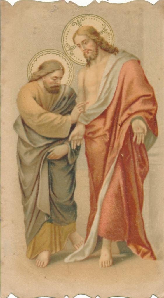 oud devotieprentje Jezus en de ongelovige Thomas, Ophalen of Verzenden, Zo goed als nieuw, Kaart of Prent, Christendom | Katholiek
