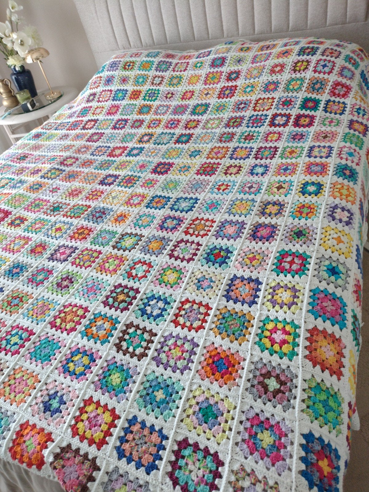 Handgehaakte deken/sprei van 100% katoen, Huis en Inrichting, Zo goed als nieuw, Plaid, Meerkleurig, Gehaakt