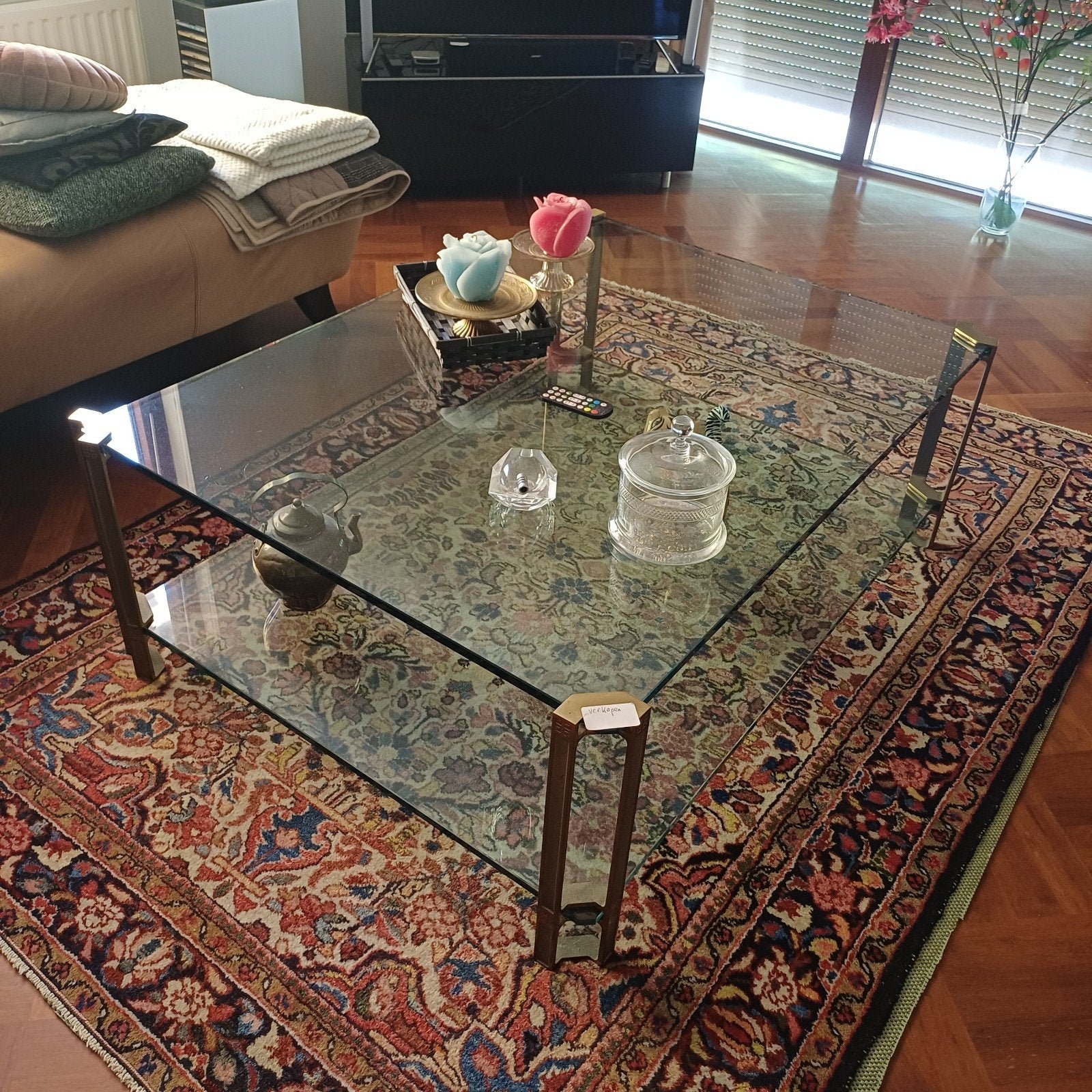Glazen salontafel met messing onderstel, Modern, Klassiek, Gebruikt, 50 tot 100 cm, Vierkant