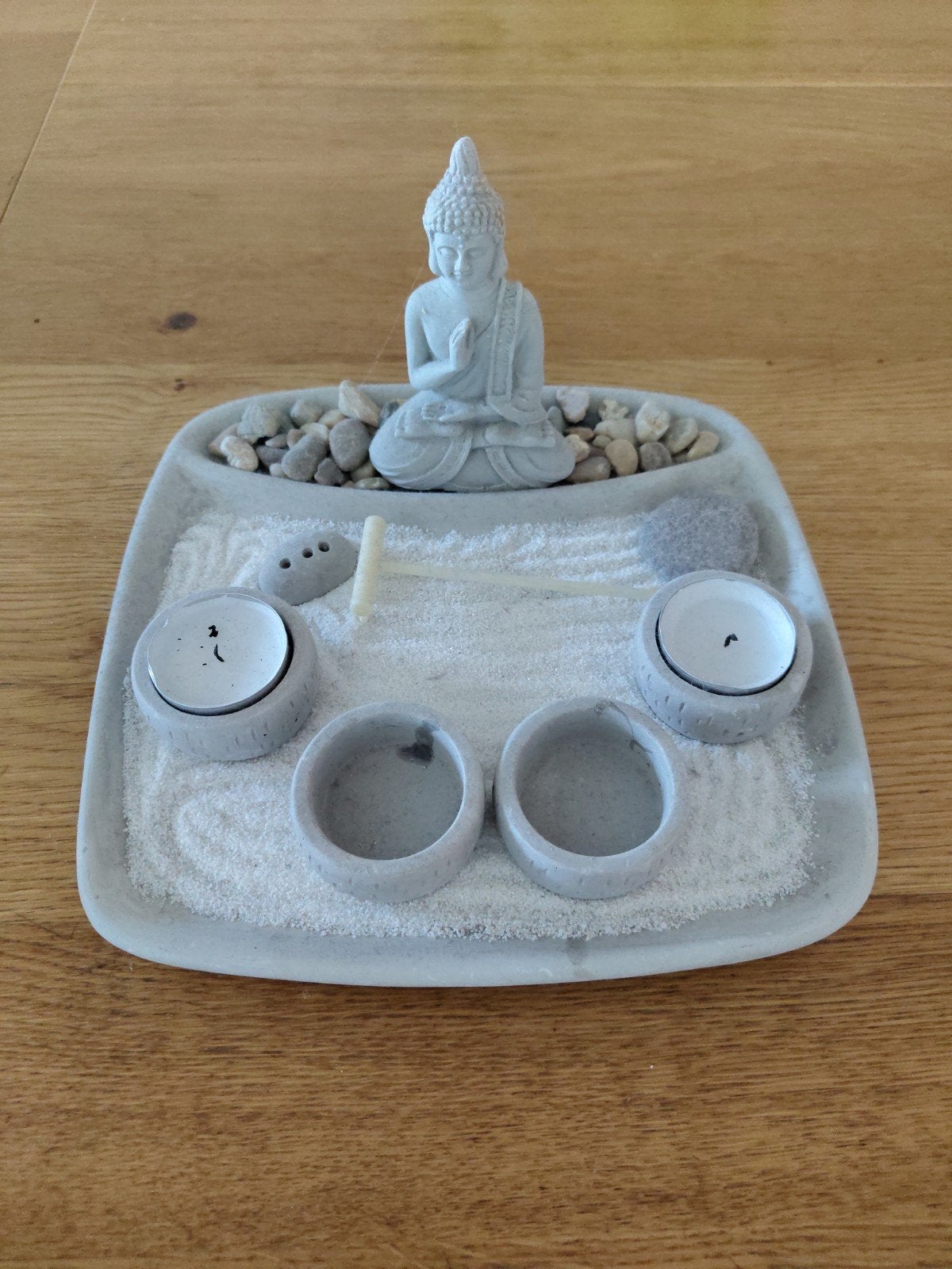 Mini Zen Tuin met Boeddha en accessoires, Ophalen of Verzenden, Gebruikt, Steen/keramiek, Grijs