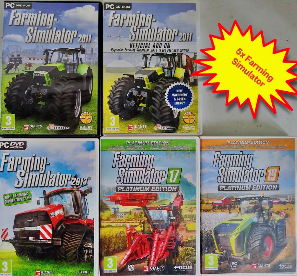 Collectie PC Games: 5x Farming Simulator (incl. boekjes), 1 speler, Ophalen of Verzenden, Zo goed als nieuw, Vanaf 3 jaar
