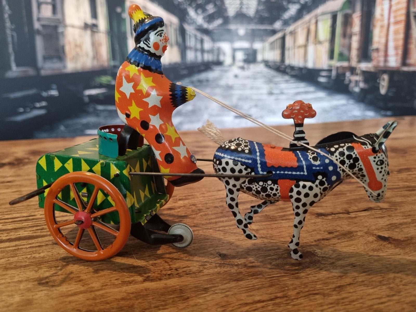 Vintage blikken speelgoed: Clown met ezel en kar, Ophalen of Verzenden