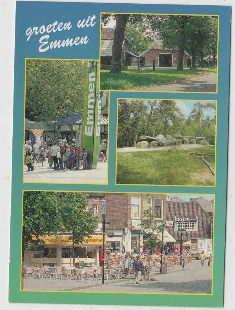 Emmen 4 luik Hunebed Terras Snacks + Hamburger Hotel Bosrand, Verzenden, Voor 1920, Ongelopen, Drenthe