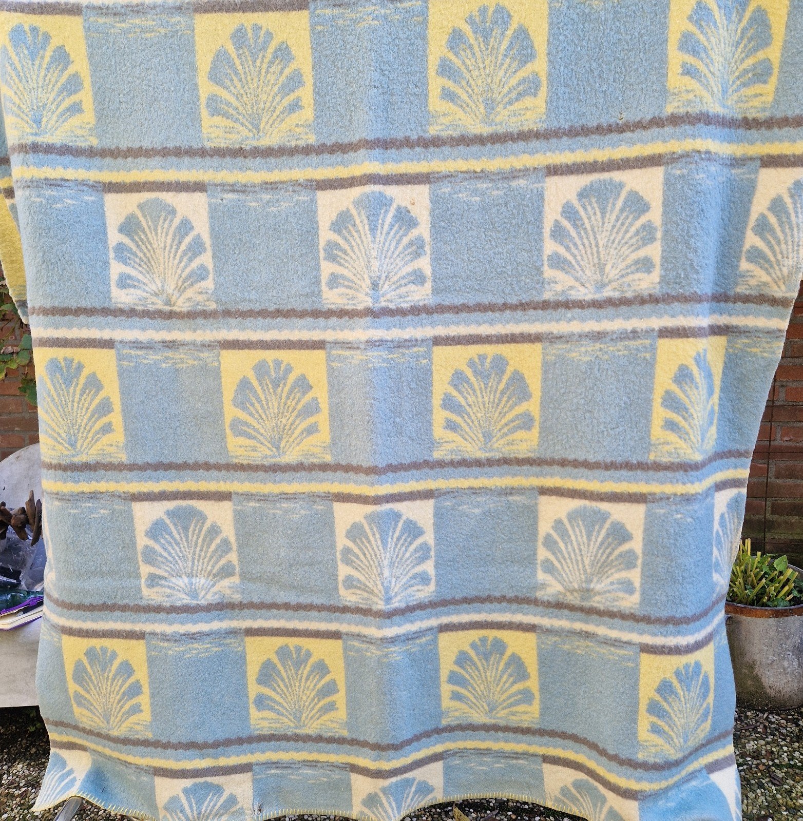 Vintage Morphee Wollen Deken - Blauw/Geel Schelpenpatroon, Antiek en Kunst, Ophalen of Verzenden