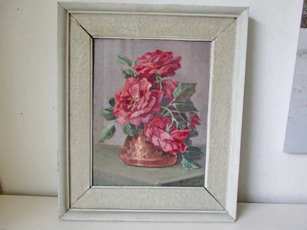 Schilderij olieverf Gil. Demarcos 1950 met roos rozen paneel, Antiek en Kunst, Ophalen of Verzenden