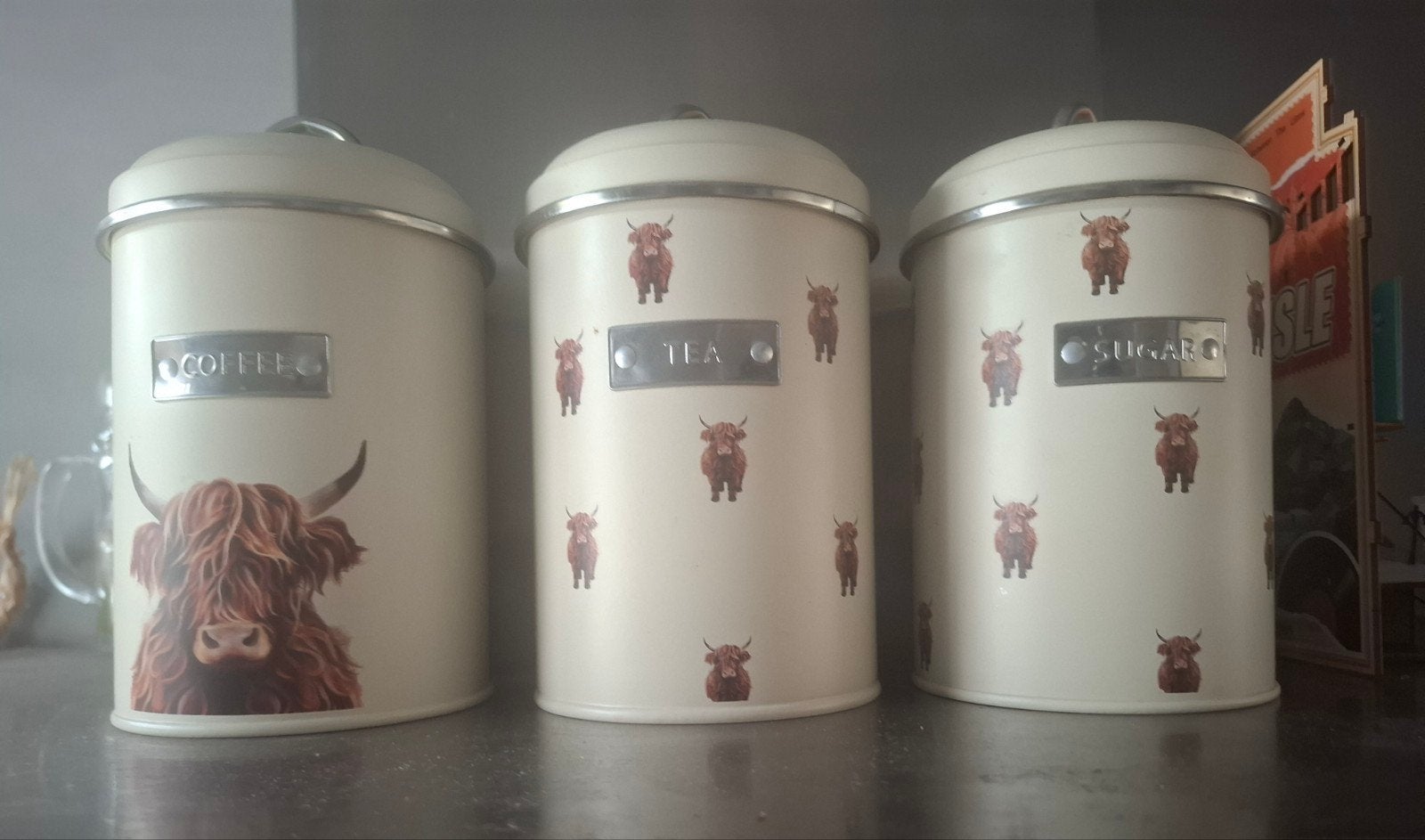 3 beige met Schotse Hooglanders voorraadpotten met deksel, Overige materialen, Met deksel, Pot, Bus of Blik, Ophalen of Verzenden