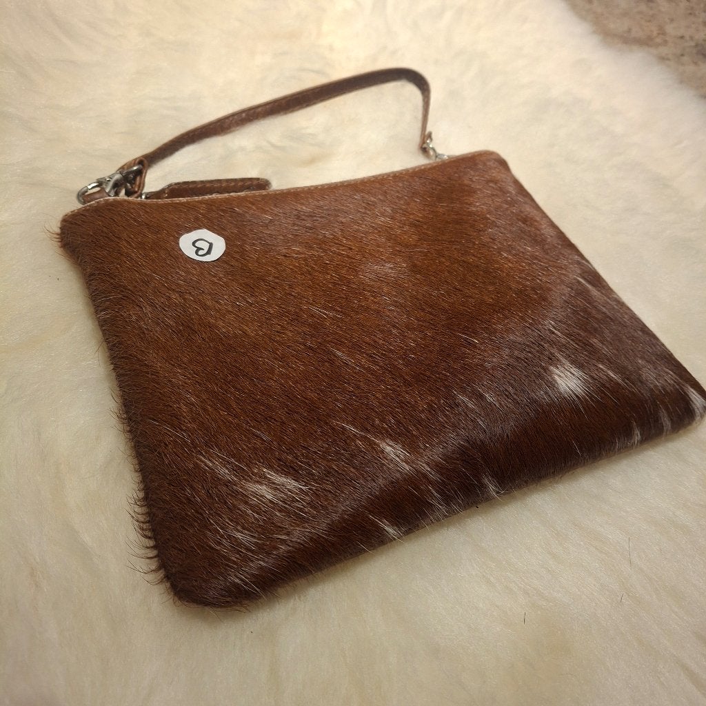 Handgemaakte leren tas - Koeienvacht bruin / wit, Bruin, Schoudertasje, Nieuw