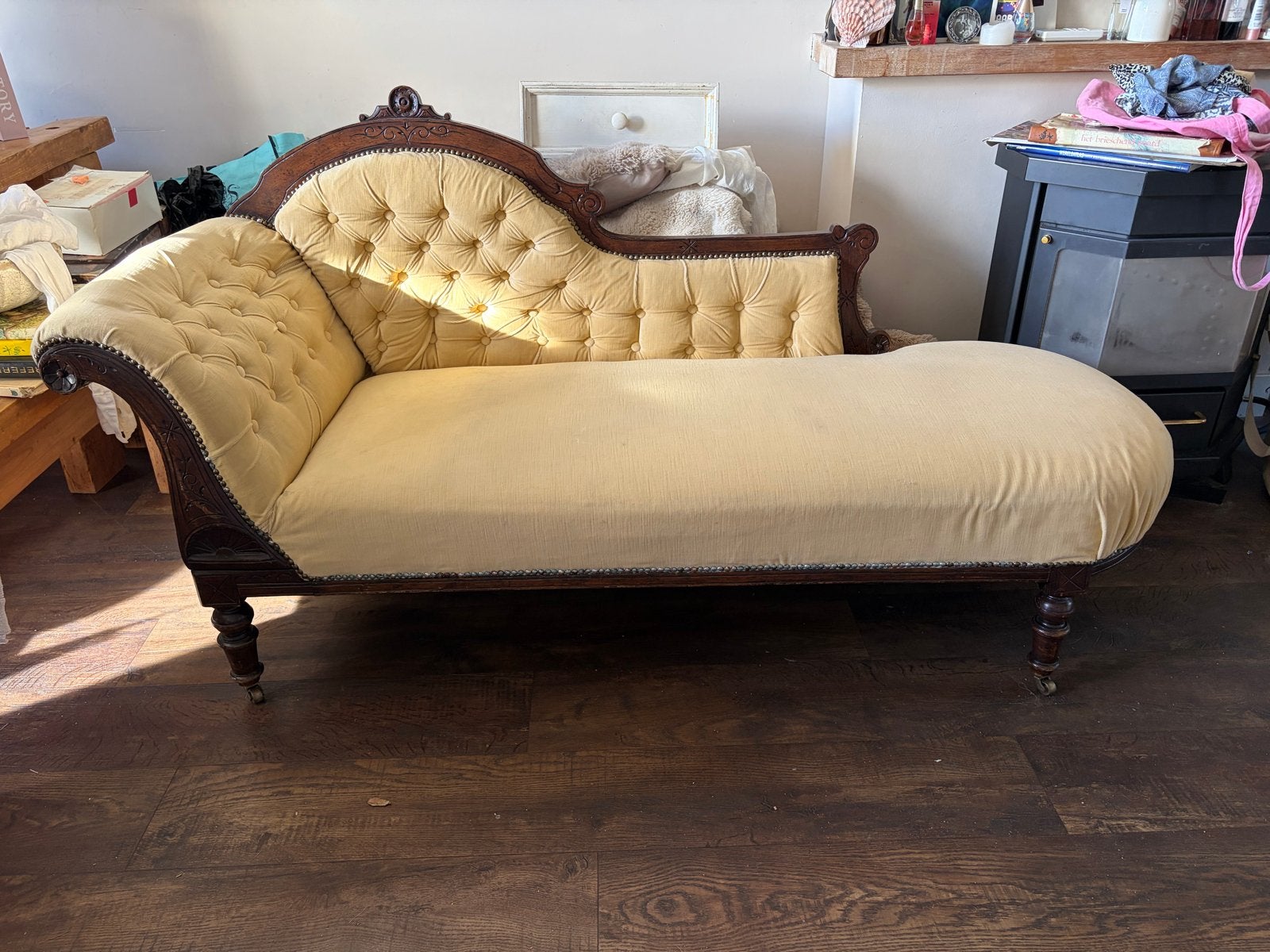 Antieke Victoriaanse Chaise Longue - Houtsnijwerk, Antiek en Kunst, Ophalen