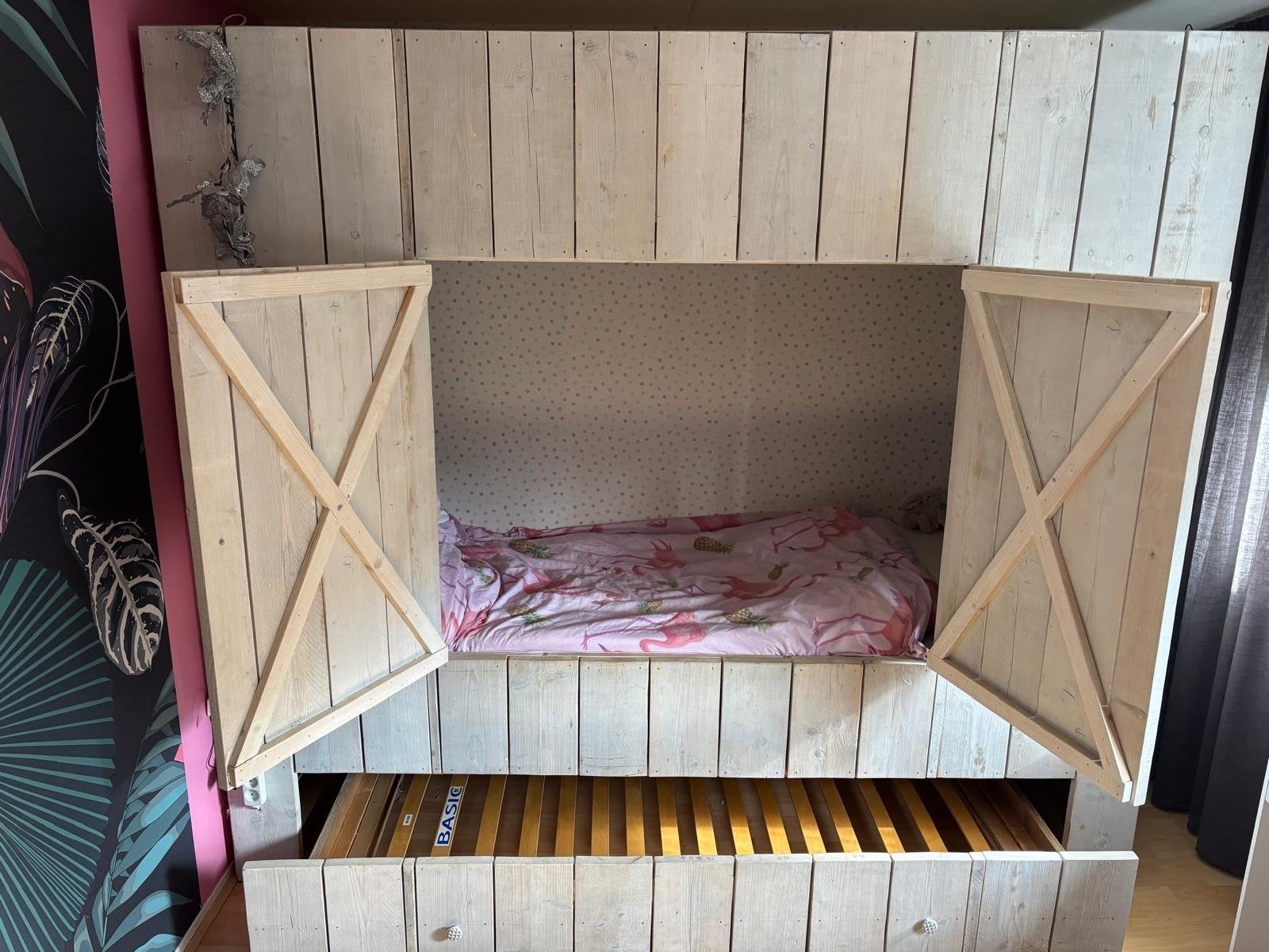 Steigerhouten bedstee, Huis en Inrichting, Slaapkamer | Bedden, Ophalen, Gebruikt, 90 cm, Eenpersoons