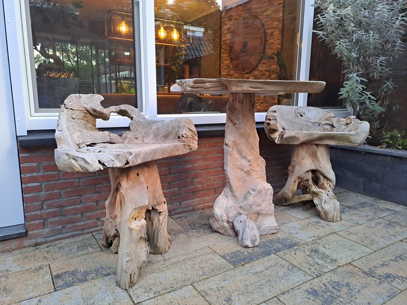 Unieke Teakhouten Barset: Tafel met 2 Krukken, Tuin en Terras, Ophalen, Gebruikt, Teakhout