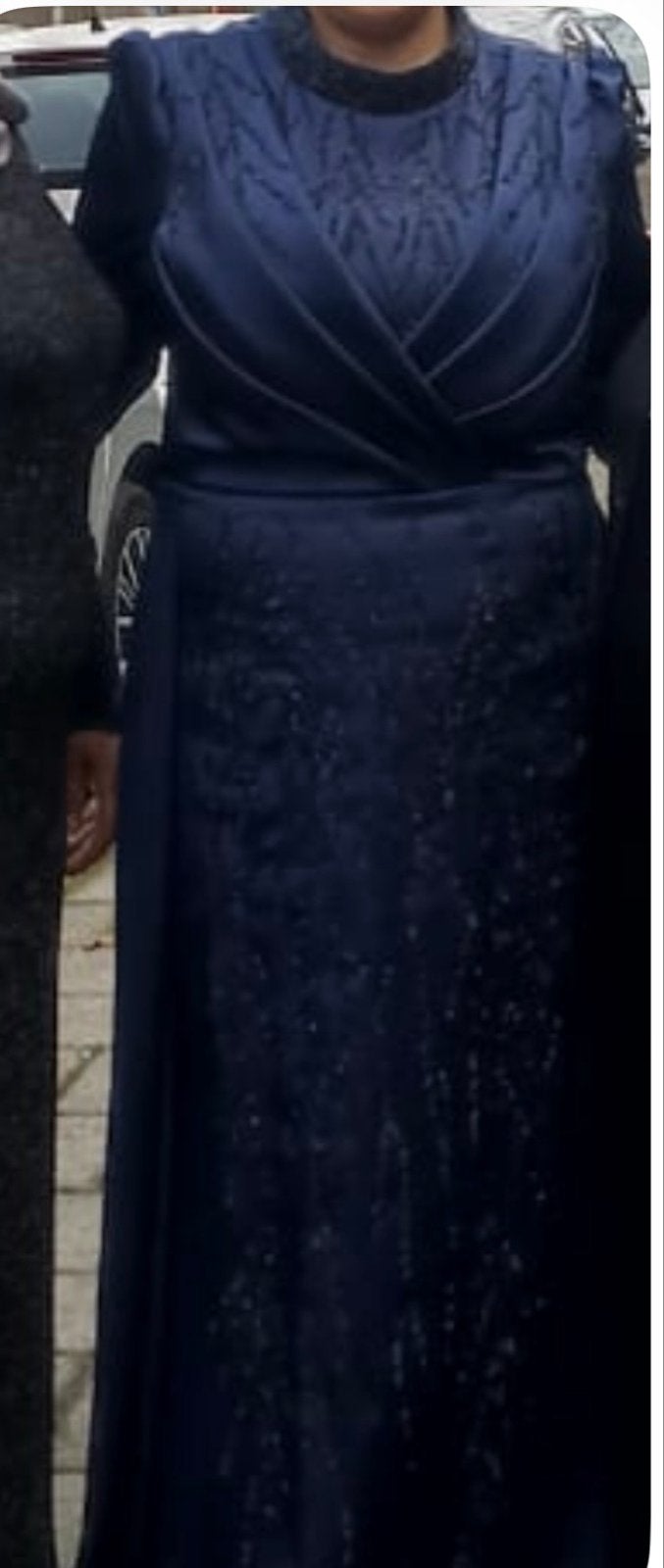 Prachtige donkerblauwe galajurk, maat 44 (Turkse maat), Ophalen, Zo goed als nieuw, Maat 42/44 (L), Blauw