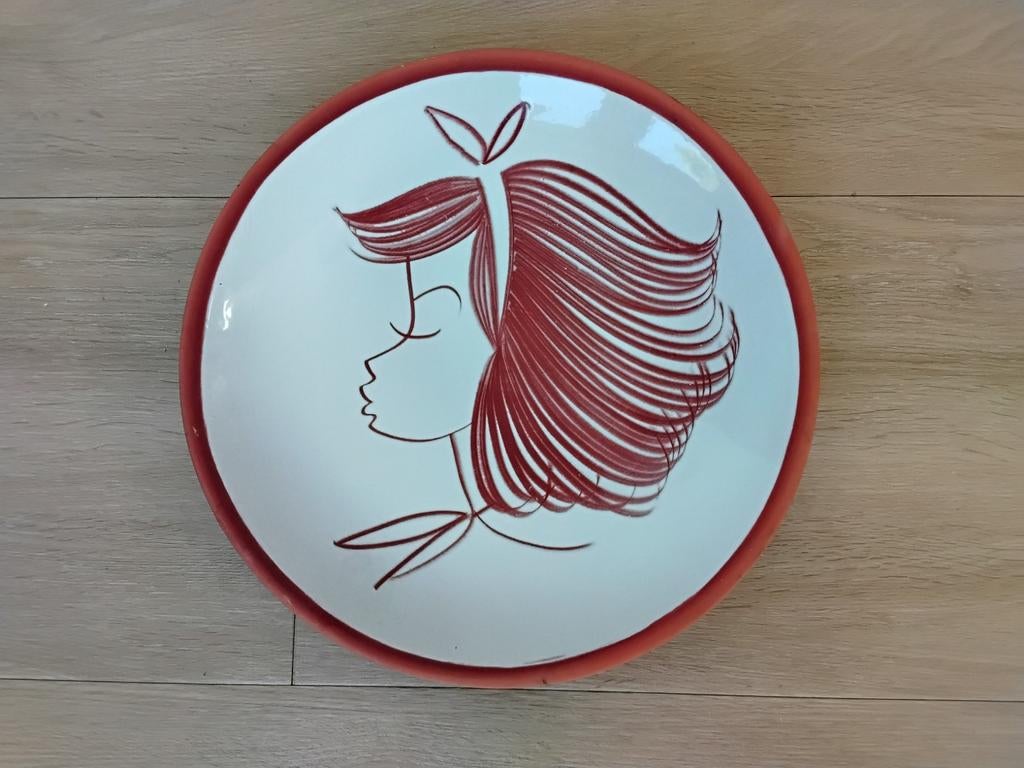 Groot vintage wandbord Boonstra/Gubbels jaren 50, 27cm, Zo goed als nieuw, Natuurlijk materiaal, Wandbord of Wandpaneel, Handgemaakt