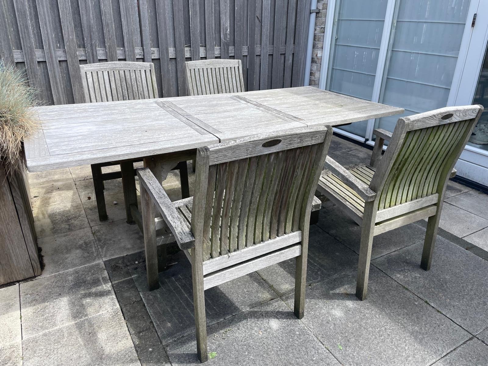 Teakhouten tuinset met uitschuifbare tafel en 4 stoelen, Tuin en Terras, Tuinsets en Loungesets, Ophalen, 4 zitplaatsen, Gebruikt