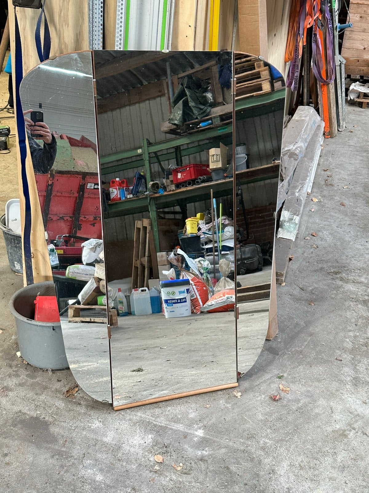 Vintage drieluik spiegel met houten frame, Ophalen, Overige vormen, 50 tot 100 cm, 100 tot 150 cm