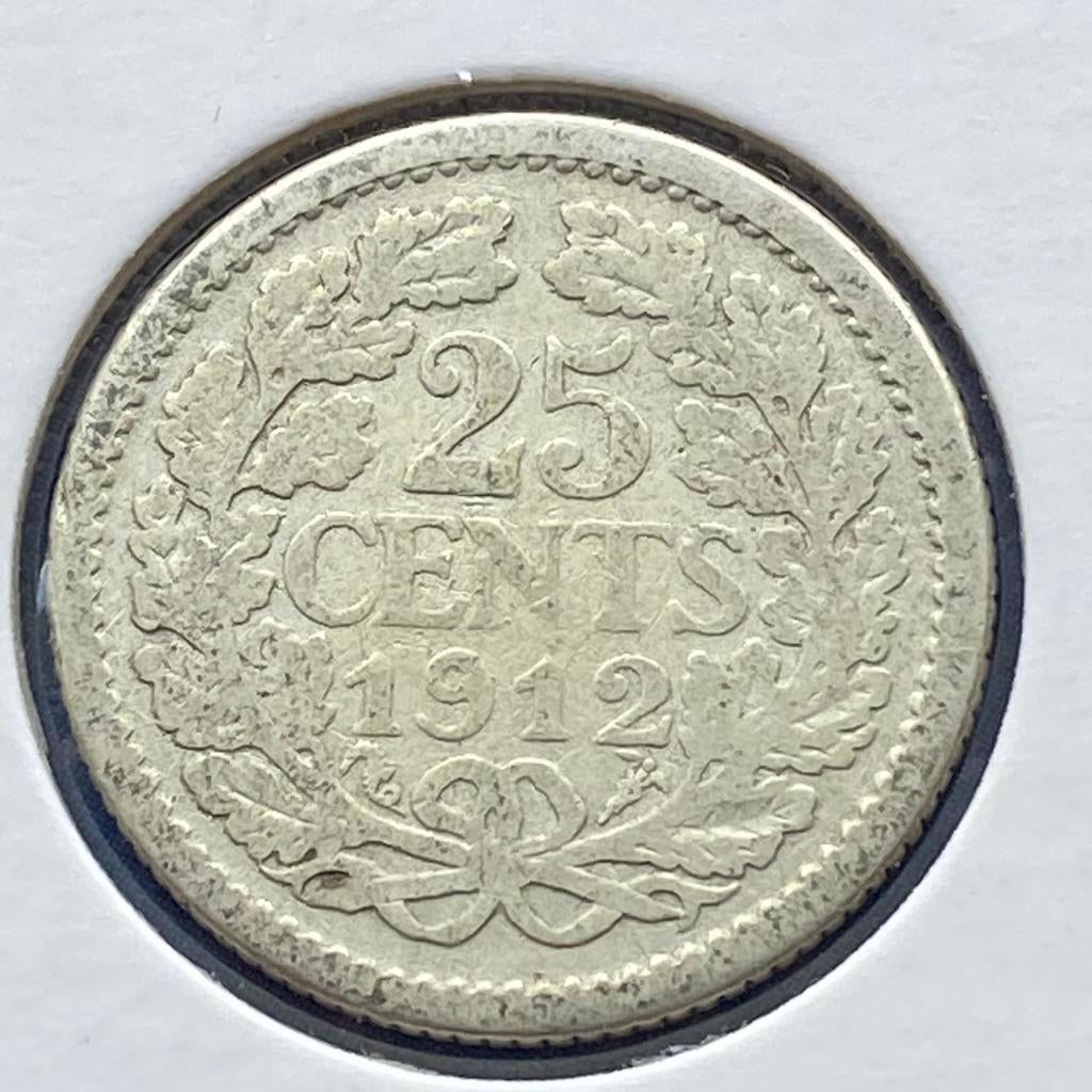 25 Cent Zilver uit 1912 van Wilhelmina, Postzegels en Munten, Munten | Nederland, Verzenden, Zilver, 25 cent, Koningin Wilhelmina