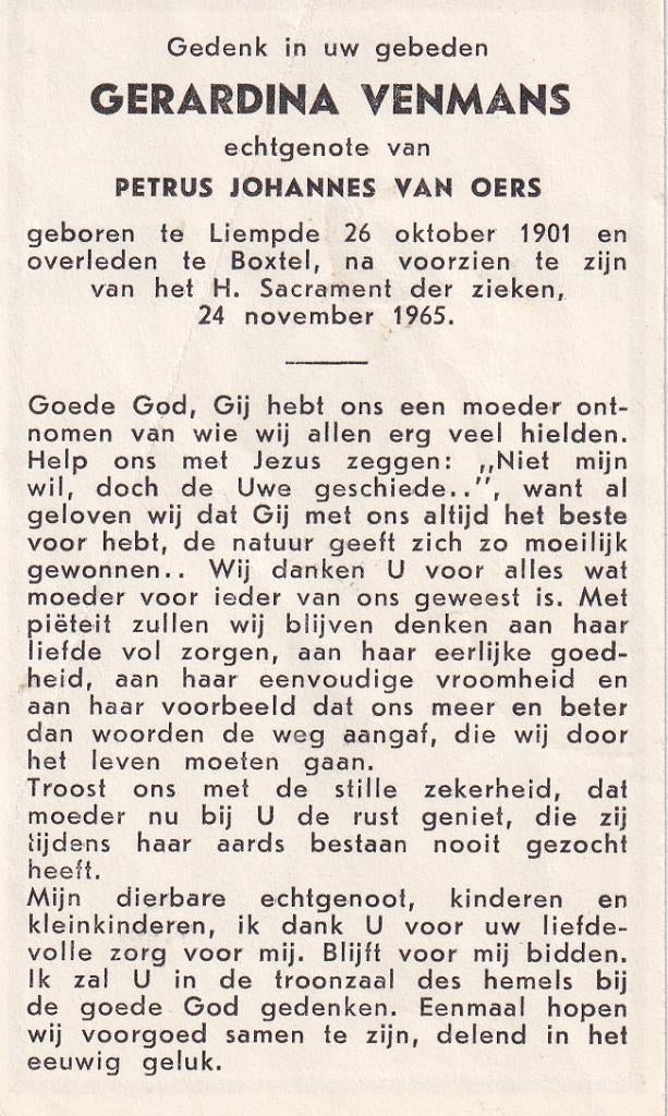 Venmans Gerardina 1901 Liempde 1965 Boxtel, Ophalen of Verzenden, Bidprentje