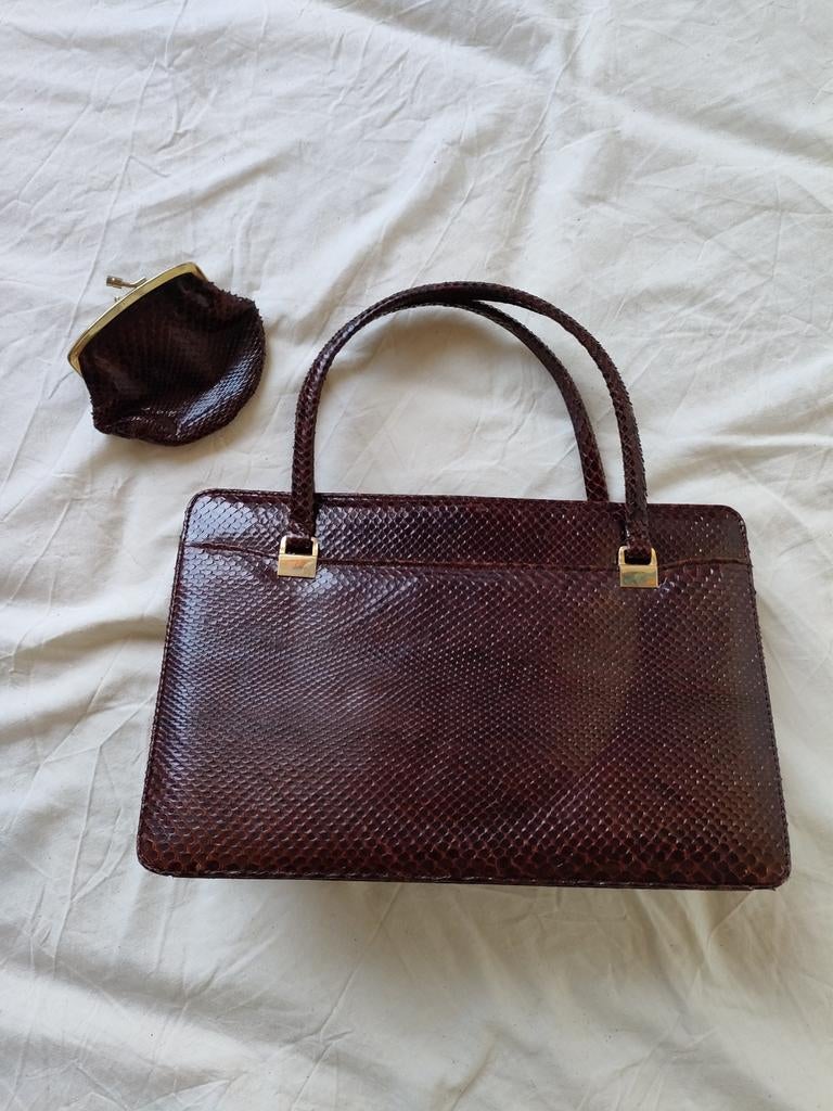 Vintage bruine handtas met portemonnee, Ophalen of Verzenden