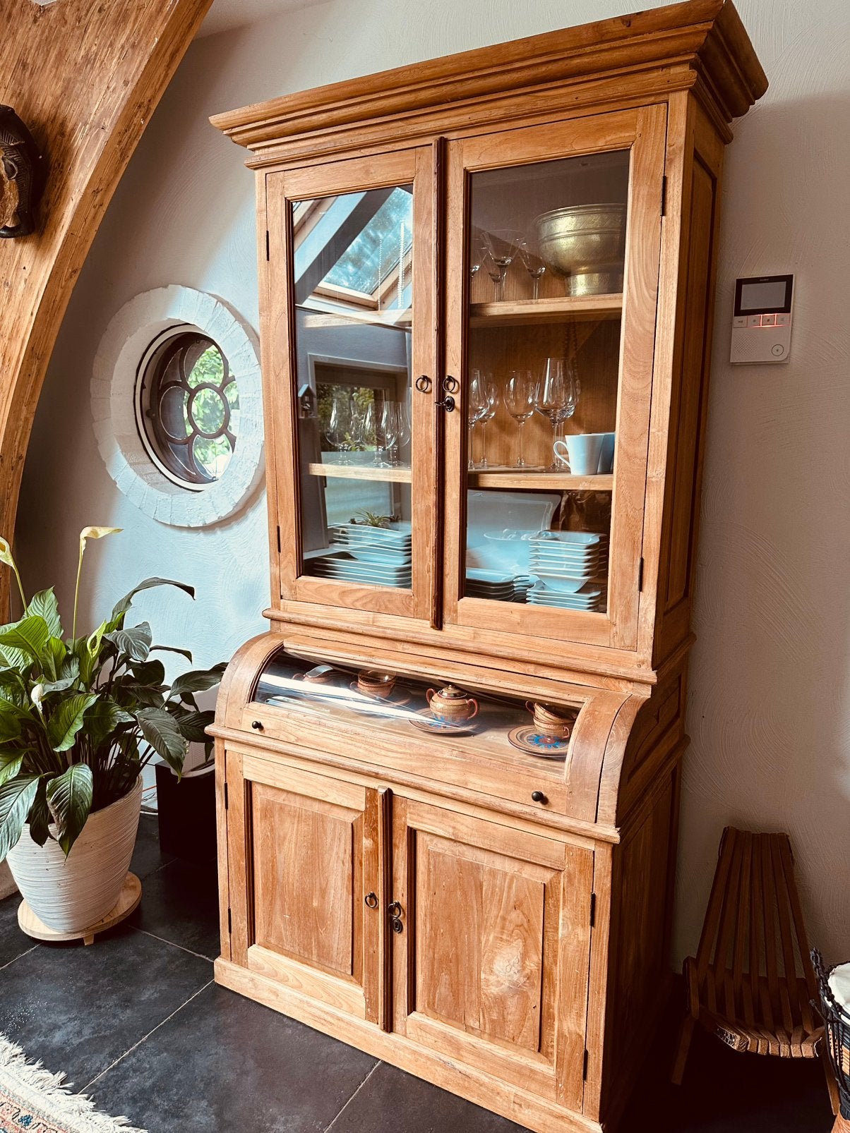 Antieke Teakhouten Apothekerskast / Grutterskast, Huis en Inrichting, Ophalen, 50 tot 75 cm, Glas, 200 cm of meer