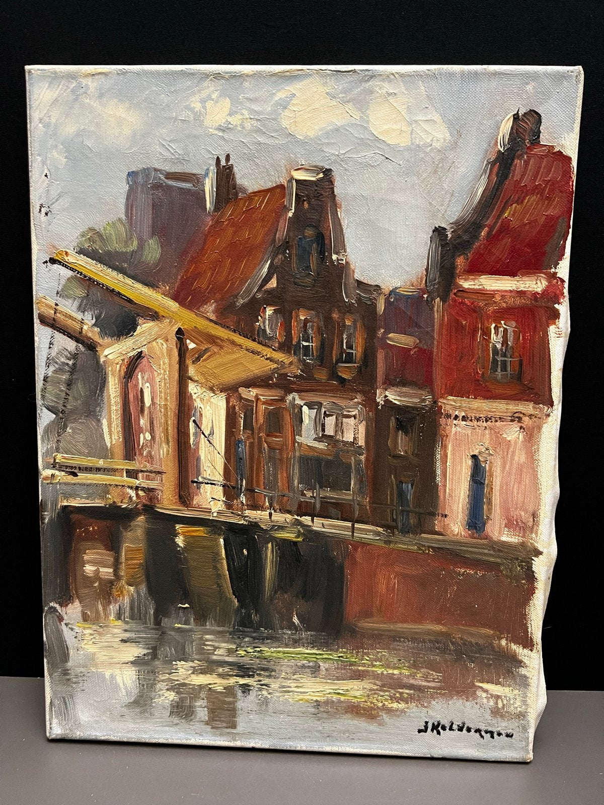 Schilderij J. Kelderman - Amsterdams grachtenpand, Doek, Realistisch, Ophalen of Verzenden, Gesigneerd