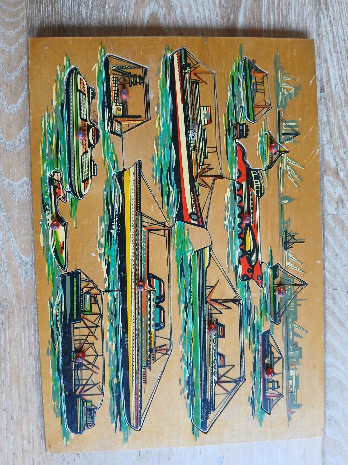Hoten puzzel jaren 60 met scheepvaart en boten, Gebruikt, Ophalen of Verzenden, Van hout, Minder dan 10 stukjes
