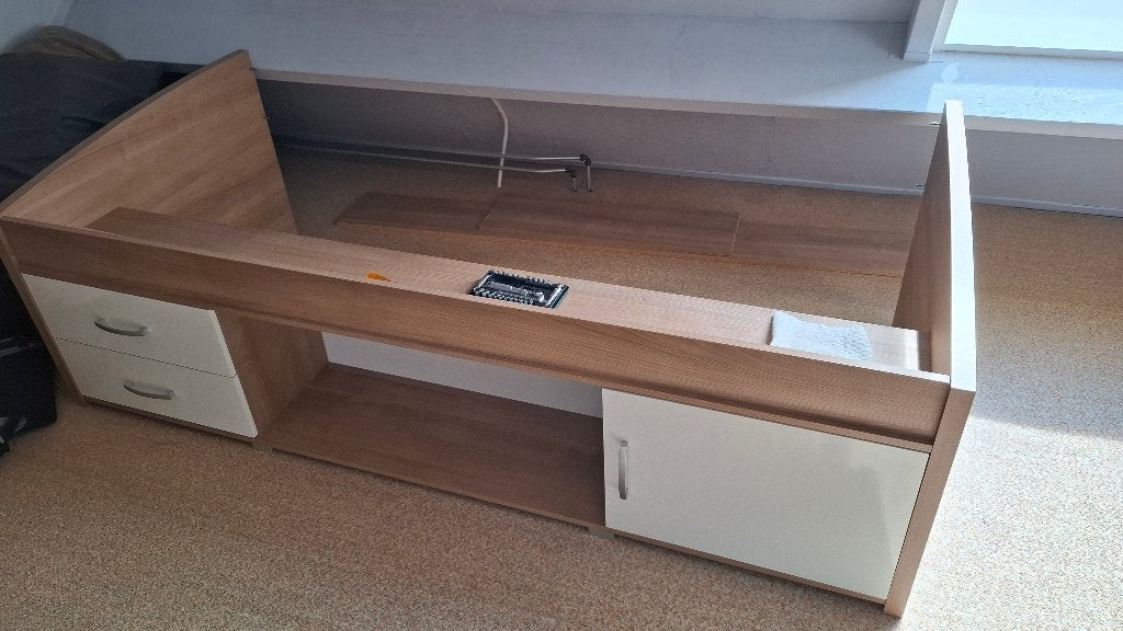 Eenpersoonsbed hoog met lades, plankje, lattenbodem, Ophalen, Gebruikt, 90 cm, Eenpersoons