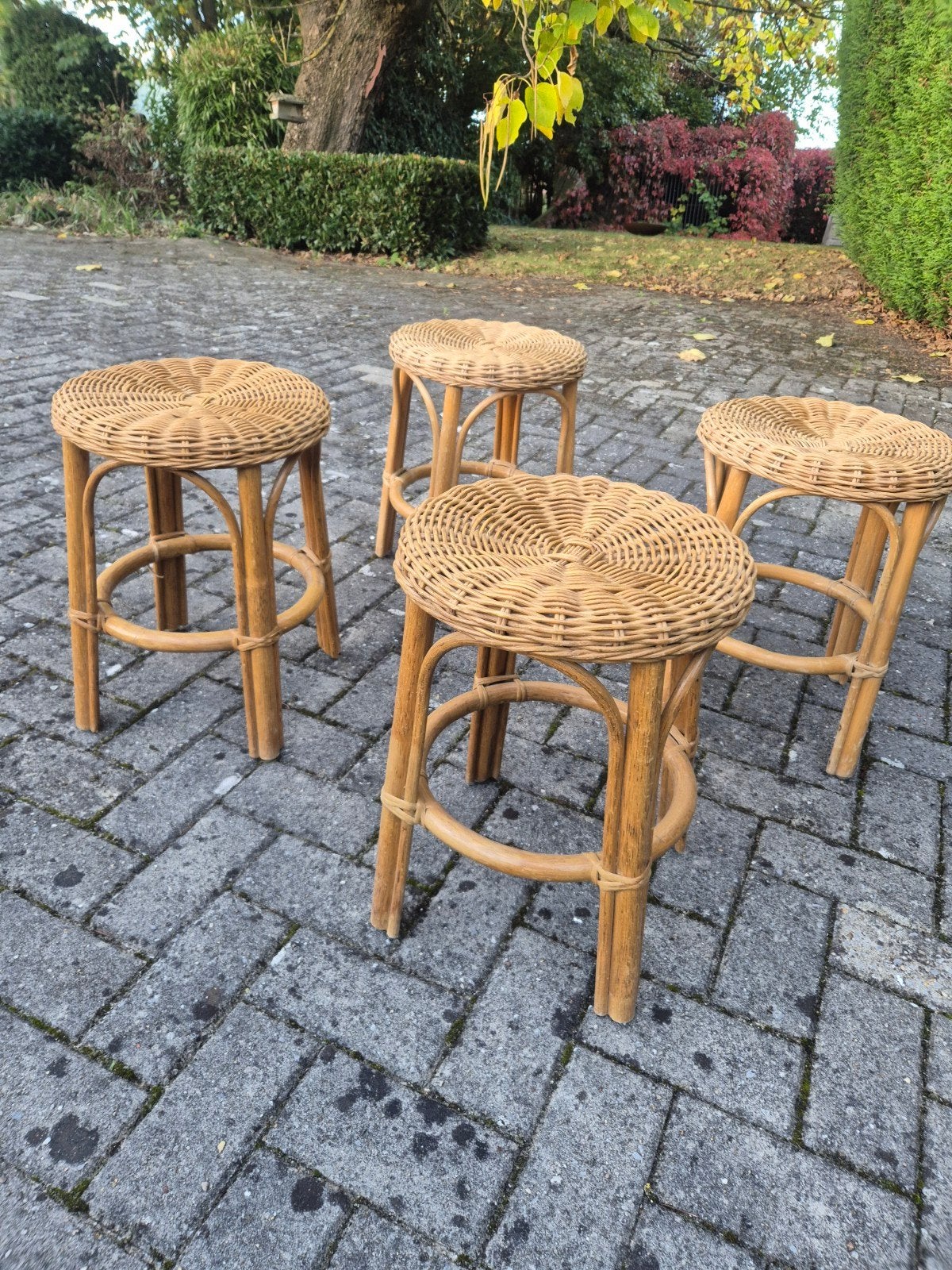 4 vintage rotan barkrukjes, Ophalen of Verzenden