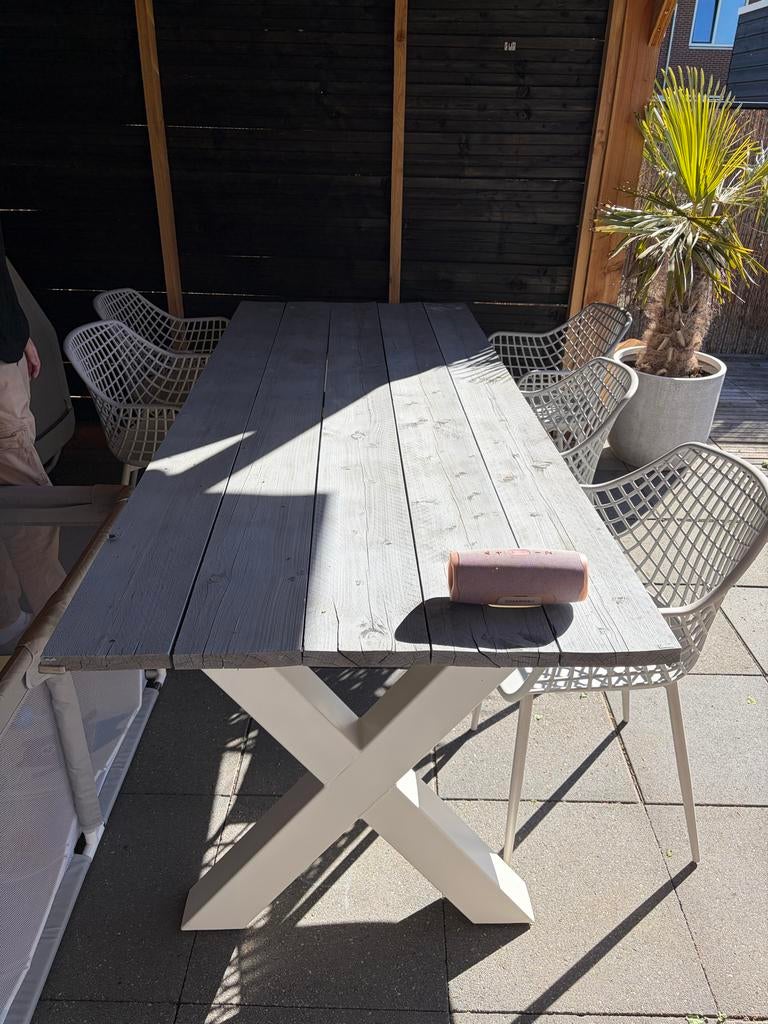 Steigerhouten tuintafel met witte X-poten, Tuin en Terras, Tuintafels, Ophalen, Gebruikt, Rechthoekig, Hout