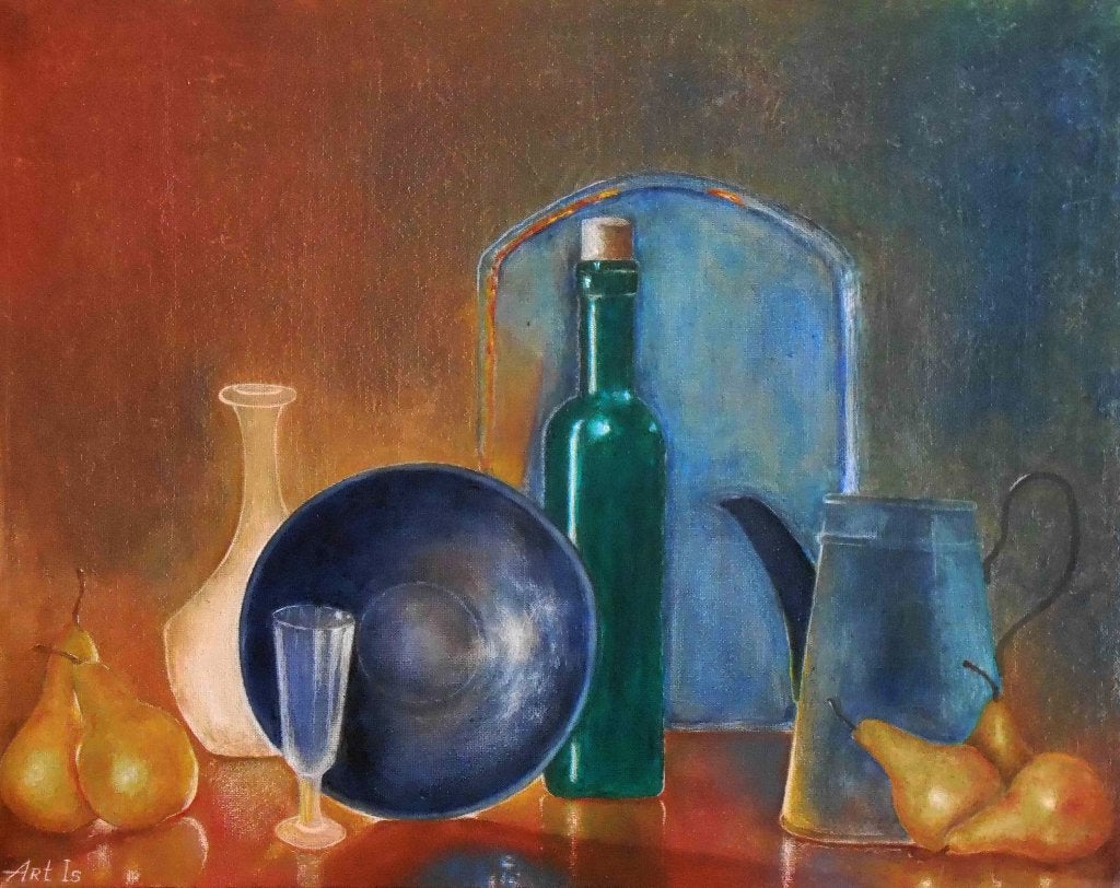 "Stilleven met peren" Schilderij, Stilleven, Verzenden, Textiel, Op houten frame