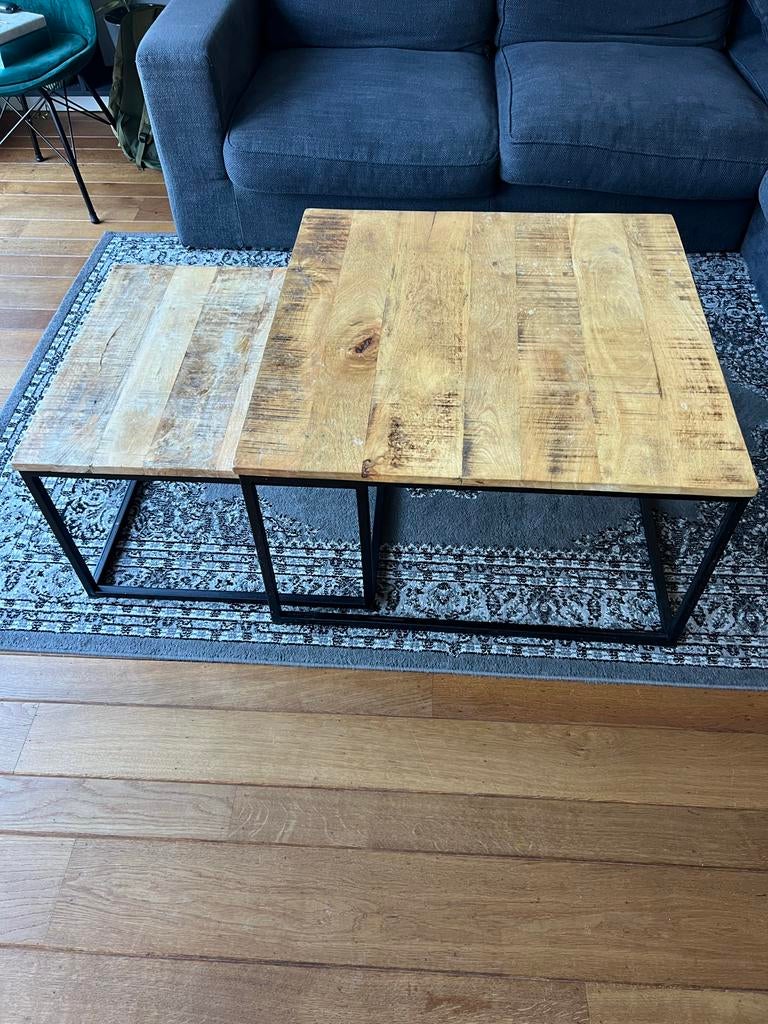 Set van 2 salontafels mangohout met metalen onderstel, Ophalen, Vierkant, 50 tot 100 cm, Zo goed als nieuw