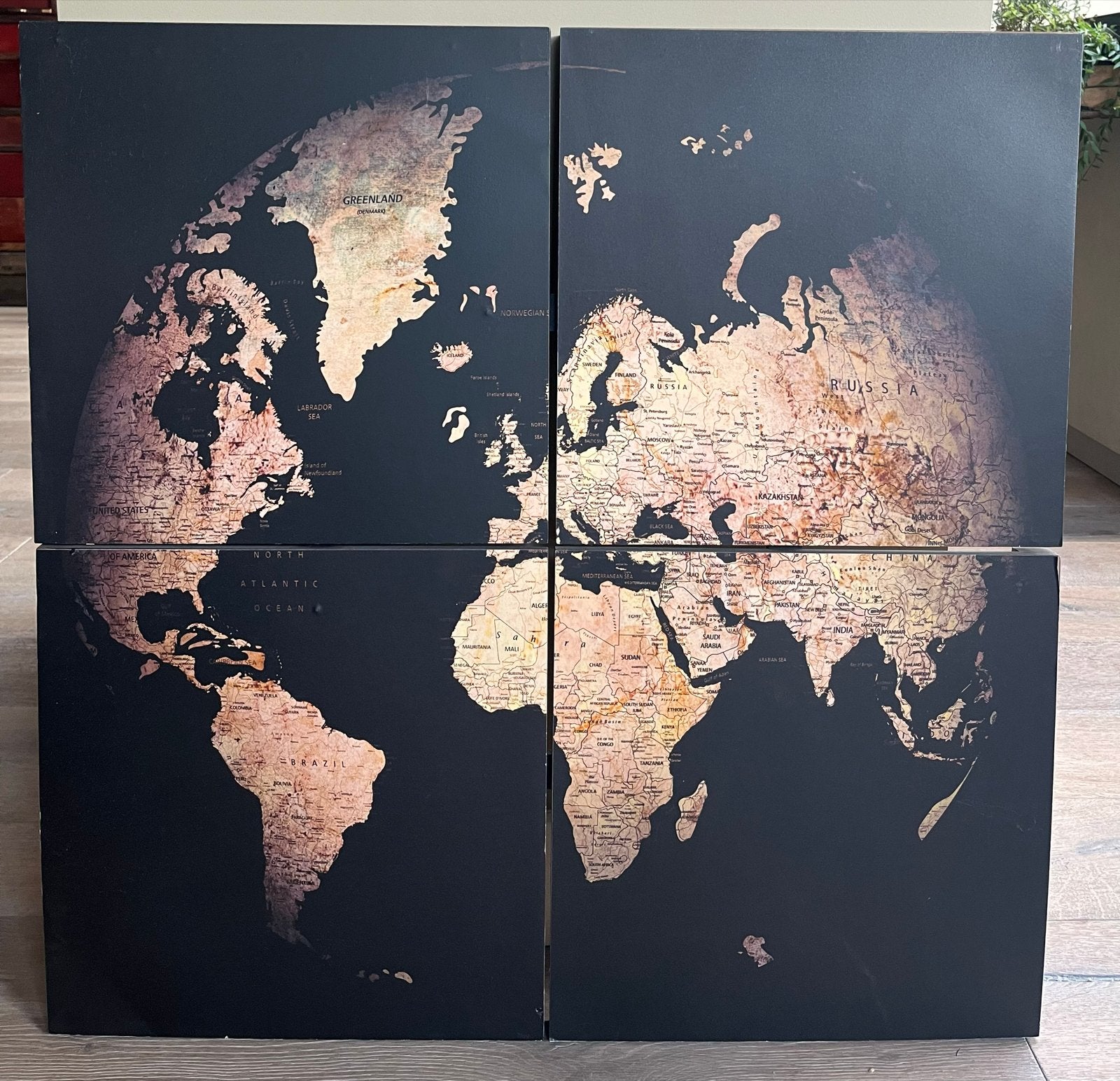 Vierluik print op hout - Wereldkaart 80x80 cm, Huis en Inrichting, Woonaccessoires | Schilderijen, Tekeningen en Foto's, Ophalen