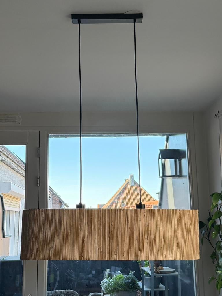 Moderne hanglamp met houten kap, Ophalen of Verzenden, Zo goed als nieuw, Hout, 75 cm of meer