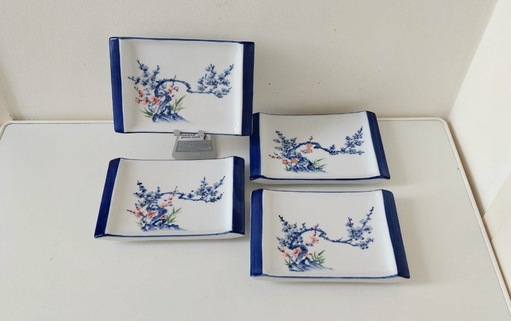 4 Vintage Japanse sushi borden Blauw-wit bloesem (14x21 cm), Aziatisch, Eu, Overige merken, Eu