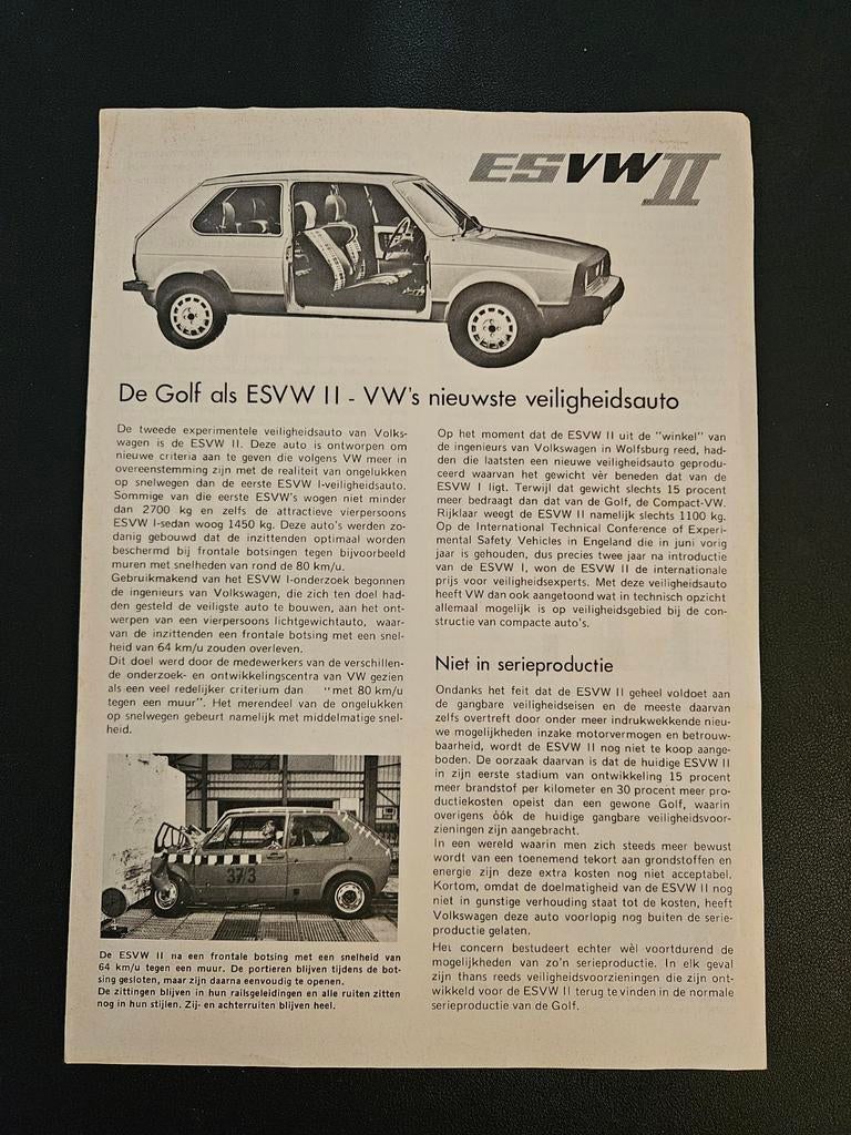 Brochure Volkswagen Golf ESVW-II, Ophalen of Verzenden, Zo goed als nieuw, Volkswagen