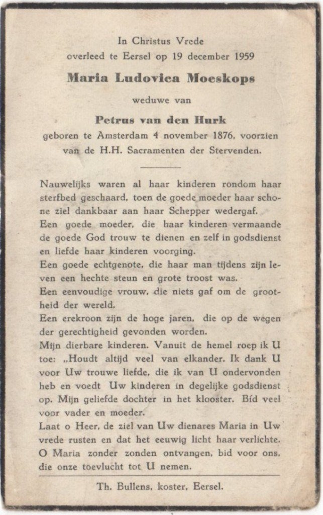Maria L. Moeskops 1876 Amsterdam + 1959 Eersel, 83 jaar oud, Ophalen of Verzenden
